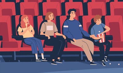 Happy family sitting at movie theater vector flat illustration. Parents and children drinking beverage and eating popcorn in empty cinema hall. Smiling people watch interest film in chairs