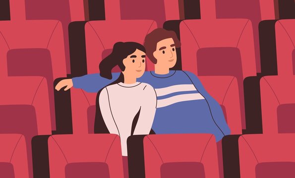 Smiling couple sitting on chair at movie theater vector flat illustration. Happy man and woman hugging during watching film at cinema auditorium. People viewers at romantic date