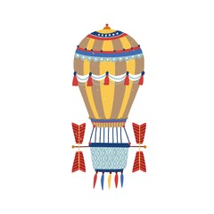 Vintage hot air balloon with colorful striped ornament vector flat illustration. Hand drawn flying aerostat with basket and propeller decorated by design elements isolated on white. Textured airship