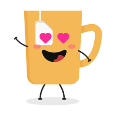 Cute flat cartoon tea cup illustration. Vector illustration of a cute tea cup with a smiling expression.