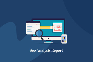 Seo analysis and search ranking report, hand holding business data analytics, marketing kpi metrics displaying on smartphone app, web page with  magnifying glass concept. Web banner template.