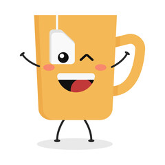 Cute flat cartoon tea cup illustration. Vector illustration of a cute tea cup with a smiling expression.