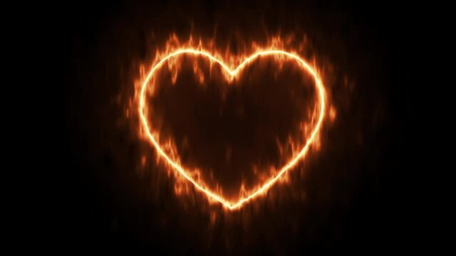burning fire around the heart symbol black background.