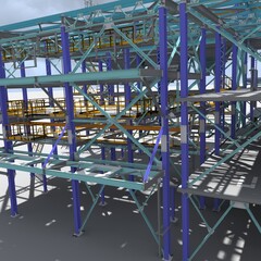 Cover of the construction project of a BIM model of a building made of metal structures. Presentation of the project for the customer, contractor and construction organizer. 3D rendering.