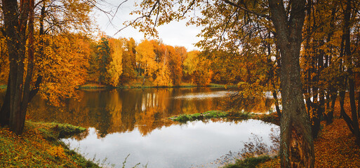 Late autumn nature landscape.Beautiful scene with forest lake and reflection on water surface.Trees with orange fall foliage.Cloudy autumn rainy morning.Calm weather.October scene.