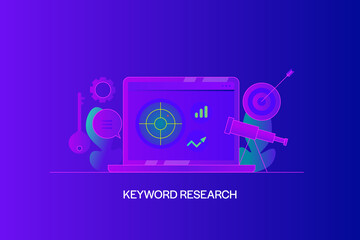 Seo targeting, keyword research, ppc keyword analysis concept. Selecting right keywords for search optimization and ppc campaign. Web banner with gradient background and elements.