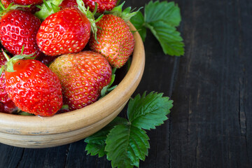 a full Cup of red juicy strawberries on a black wooden background with foliage with a copy of the space