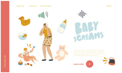 Toddler Bad Behavior Landing Page Template. Young Mother Cover Ears Suffer of Baby Scream. Little Child Yell, Capricious