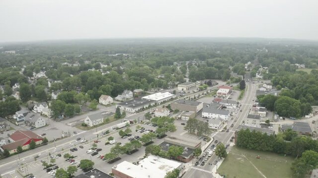 Aerial Fly Over Drone Footage over Downtown Westbrook in Maine, Cumberland County, USA