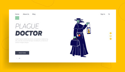 Obraz na płótnie Canvas Plague Doctor Landing Page Template. Character with Crow Beak Mask Wearing Black Hat and Raincoat with Medical Bottles