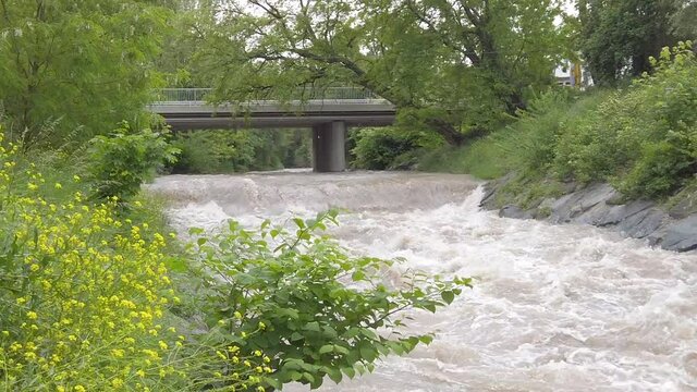 Groundwater river Leitha with bridge in Austria flooding during springtime, Slow motion