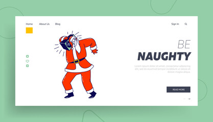 Cool Santa Claus Listening Music on Tape Recorder and Dancing. Landing Page Template. Christmas Character Modern Dance