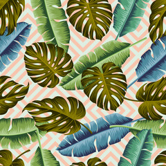 Floral seamless pattern with leaves, abstract striped geometric background