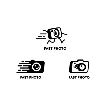 Set of vector black and white logos with a camera and photo cards. Logos for photo studios. Design elements for studio, photographers, cameramen.