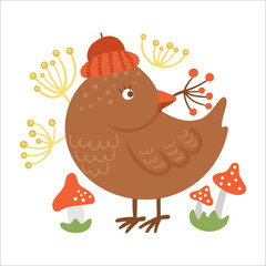 Cute composition with bird, berries and mushrooms. Vector autumn print design isolated on white background. Fall season woodland animal for sticker, postcard.  Funny forest illustration..