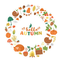 Vector round autumn frame with animals, plants, leaves, bell, pumpkins isolated on white background. Funny fall season wreath design for banners, posters, invitations. Cute card template .