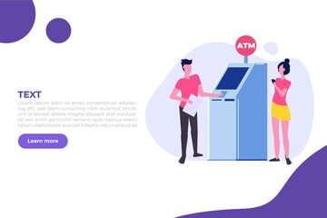 People are waiting in line near ATM machine. Queue at the ATM. Perform financial transactions Vector illustration in a flat style