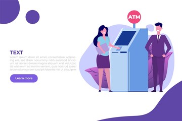 People are waiting in line near ATM machine. Queue at the ATM. Perform financial transactions Vector illustration in a flat style