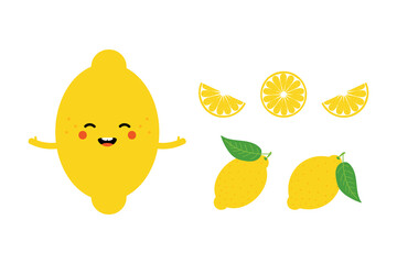 Cute smiling lemon character with set, collection of sliced lemons for summer food design.