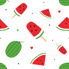 Watermelon slices and watermelon popsicles vector cartoon style seamless pattern background for summer design.