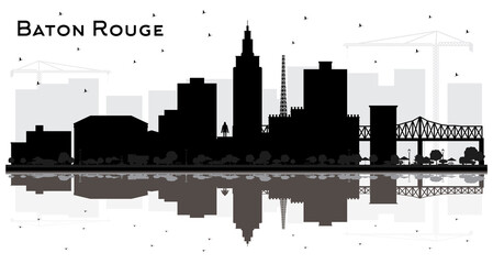 Baton Rouge Louisiana City Skyline Silhouette with Black Buildings and Reflections Isolated on White.