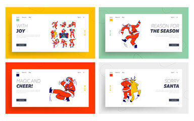 Funny Santa Claus and Reindeer Dancing Landing Page Template Set. Christmas Characters Dab Move, Dance in Hip Hop Style