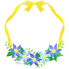 Clematis blue flower illustration and yellow ribbon wreath