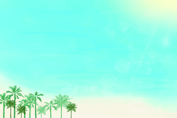 Fototapeta na wymiar Illustrated summer vacation image. Blurred sun and tropical beach with bokeh background. 