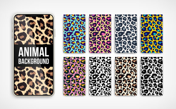 Trendy leopard abstract vertical background set. Hand drawn fashionable wild animal color texture on smartphone screen collection for social media banner, cover, phone wallpaper. Vector illustration