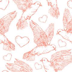 Doves and heart seamless pattern - vector illustration. Realistic hand drawn sketch. Pigeons - wedding design element. Symbol of peace, true love, romance, marriage icon isolated on white.