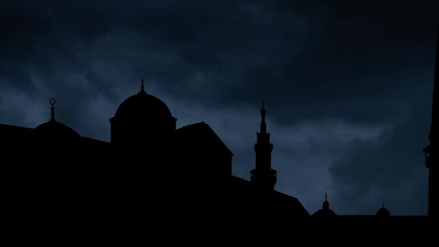 Umayyad Mosque: Lightning and Thunderstorm flash over one of the largest and oldest Mosques in the world, Damascus, Syria