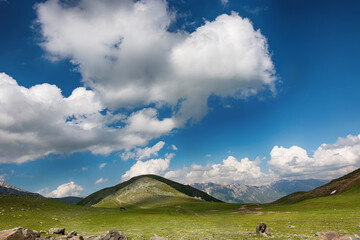 Idyllic summer landscape with hiking trail in the mountains with beautiful fresh green mountain...