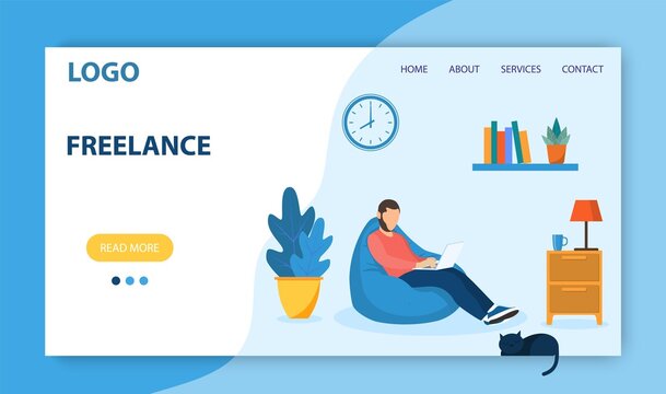 Freelance work landing page template. Concept design for poster, banner, flyer, web page. man with laptop sitting in chair bag. Vector illustration in flat style