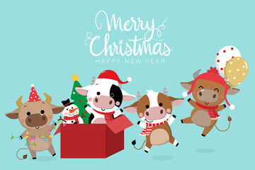 Merry Christmas and happy new year 2021. The year of the ox. The male cow and bull wear red winter costume. Animal holidays cartoon character. -Vector