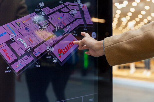 Moscow, Russia, 17/07/2020: An electronic plan of a shopping center for finding stores by the buyer.