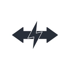 Arrows in opposite directions and lightning. Vector icon isolated on white background.