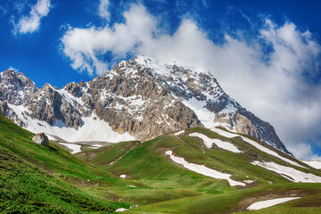 Idyllic summer landscape with hiking trail in the mountains with beautiful fresh green mountain...