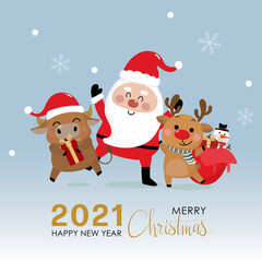 Fototapeta na wymiar Merry Christmas greeting card with Santa Claus, deer and cow. 2021 year of the ox. Cute bull animal holiday cartoon character vector.