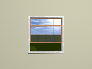 Sash window made of stone and wood on PALE GOLDEN ROD wall opened to outside grass and blue sky with light reflection. 3D illustration. background and abstract