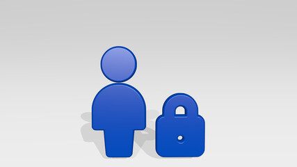 SINGLE NEUTRAL ACTIONS LOCK from a perspective with the shadow. A thick sculpture made of metallic materials of 3D rendering. illustration and background