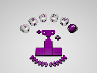 3D illustration of trophy graphics and text around the icon made by metallic dice letters for the related meanings of the concept and presentations. award and cup