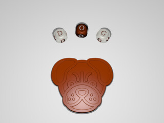 3D representation of dog with icon on the wall and text arranged by metallic cubic letters on a mirror floor for concept meaning and slideshow presentation. animal and cute