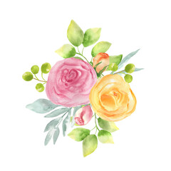 Naklejka premium Watercolor illustration of a bouquet of roses, leaves and berries.