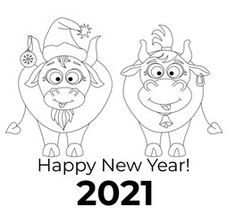  New Year 2021. Chinese year of the bull. Cute animals - a bull in a New Years hat and a Christmas ball-toy on the ear. Cow with haircut and earring. Happy New Year. vector. Everything is isolated