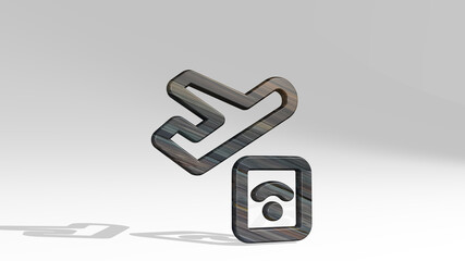 BEACON REMOTE PLANE casting shadow with two lights. 3D illustration of metallic sculpture over a white background with mild texture. lighthouse and coast