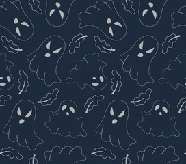 Halloween vector seamless pattern with ghosts. Dark blue background in doodle style