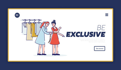 Shopping landing page with shop assistant helping consumer in clothing store