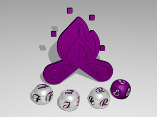 3D graphical image of fire vertically along with text built around the icon by metallic cubic letters from the top perspective, excellent for the concept presentation and slideshows. illustration