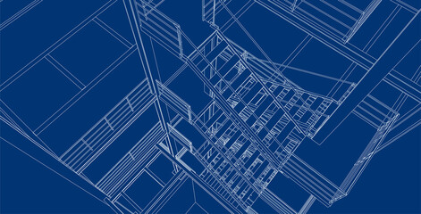 Modern industrial interior with stairway. Best architectural 3D background. Vector blueprint.