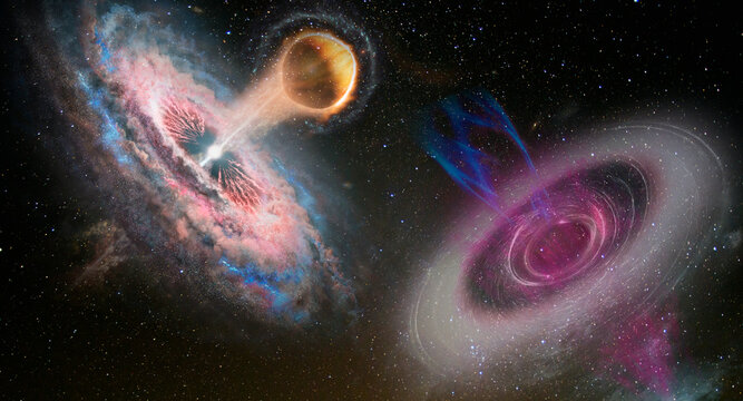 Futuristic sci-fi landscape of two black holes system in open space. Elements of this image furnished by NASA.